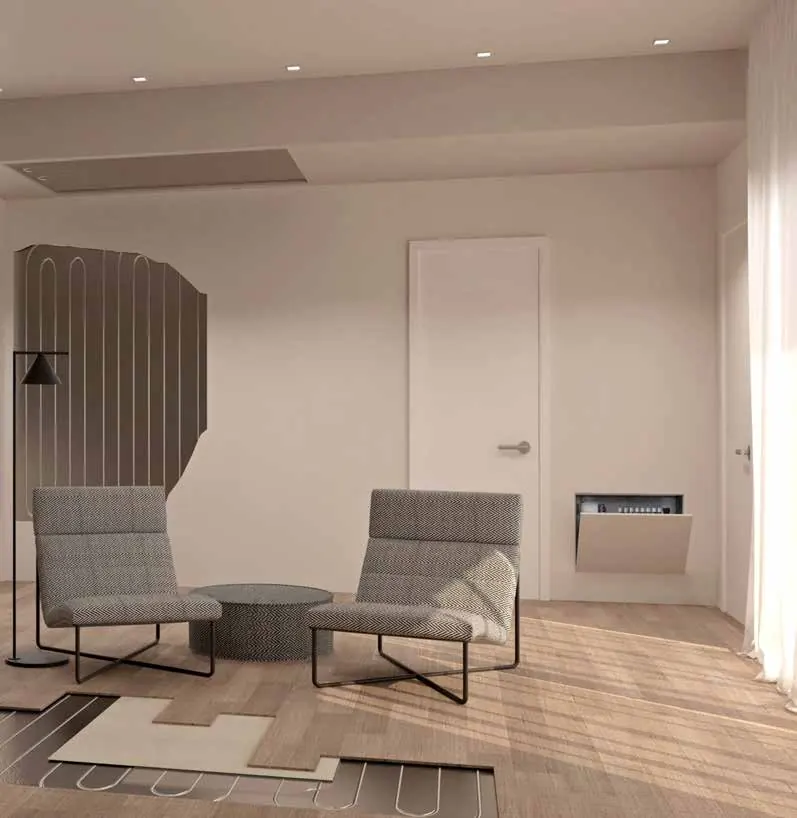Interieur met zichtbare droge verwarmingspanelen in vloer en wand